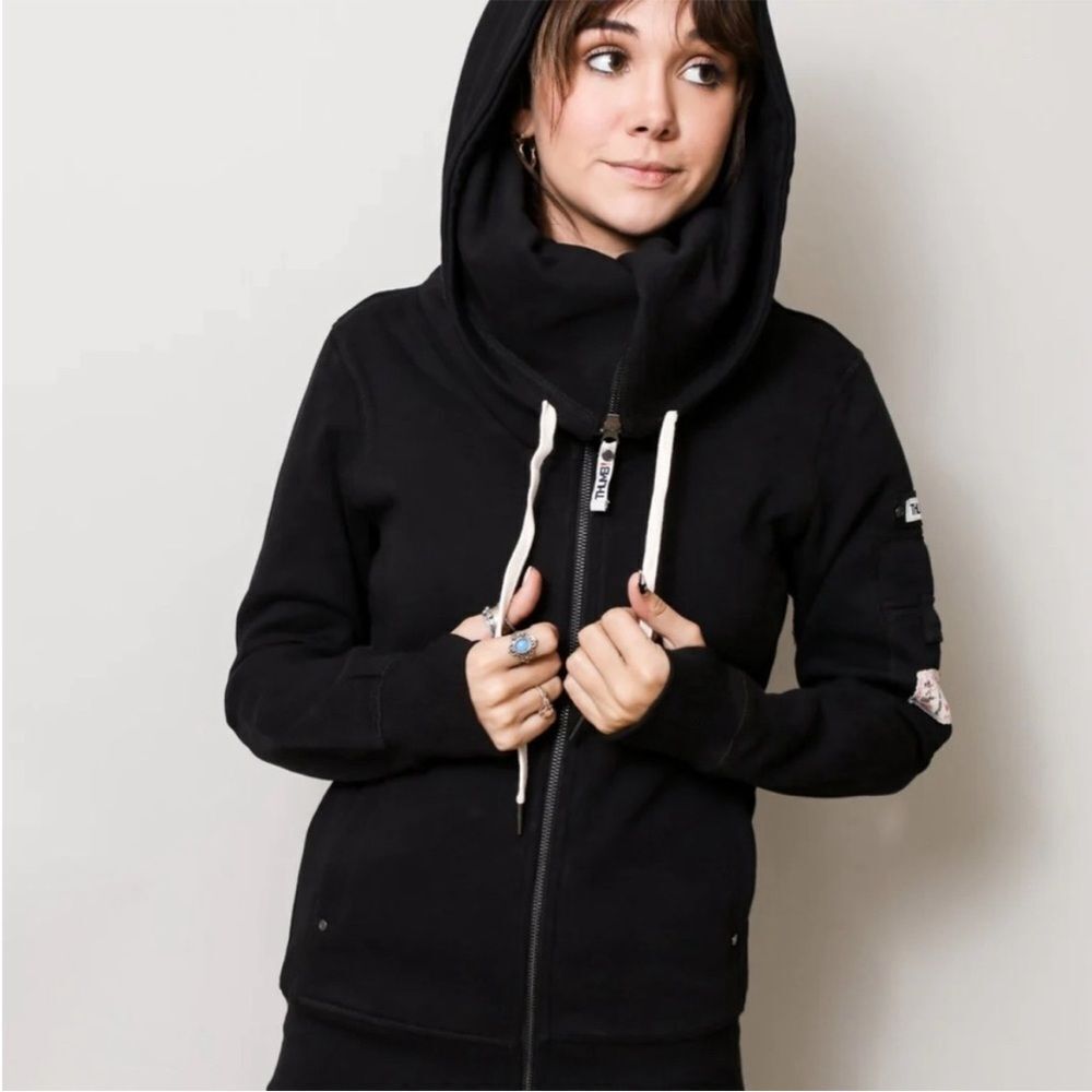 Black Zippered Hooded Sweatshirt with High Collar